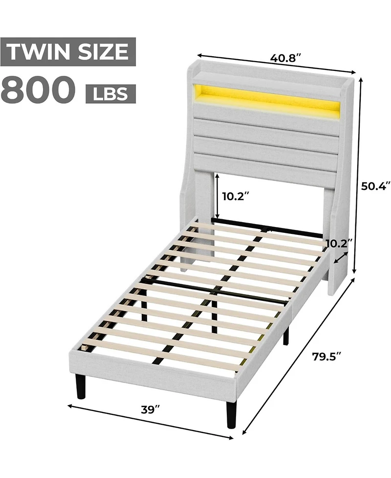 gaomon Led Bed Frame with Charging Station, Wooden Platform Upholstered Headboard and Slat Support, No Noise, Box