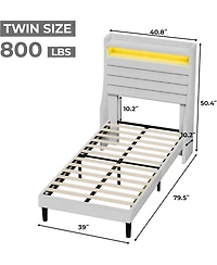 gaomon Led Bed Frame with Charging Station, Wooden Platform Upholstered Headboard and Slat Support, No Noise, Box