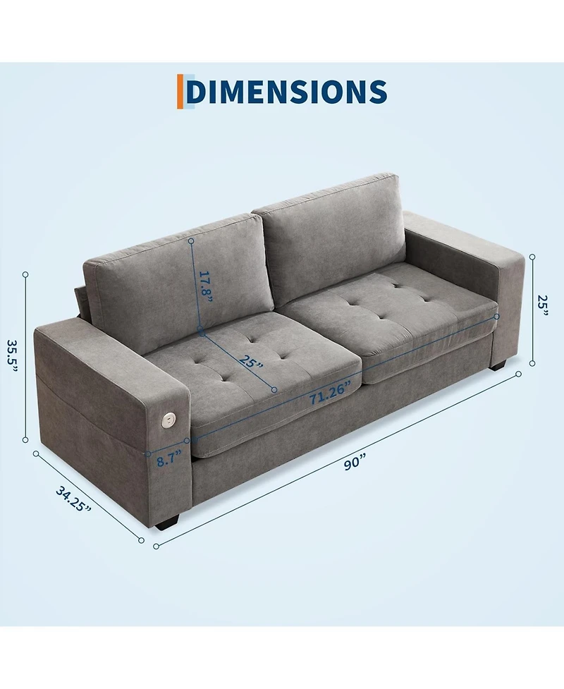 89" Versatile Contemporary Sectional Sofa Chenille Fabric for Two with Usb Charging Port and Side Storage Pocket, Cover Removable