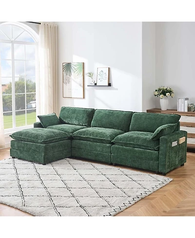 gaomon Chenille Modular Combo Sofa, Modern 3-Seater L-Shaped Sofa with Ottoman, 2 Cushions, Side Pockets
