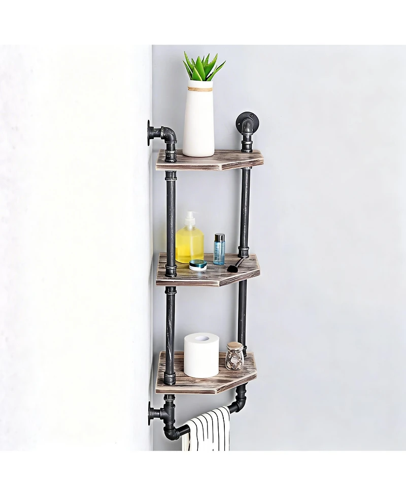 Yigii Industrial Pipe Shelf Rustic Corner Metal Wood Bathroom Wall Mounted Towel Bar