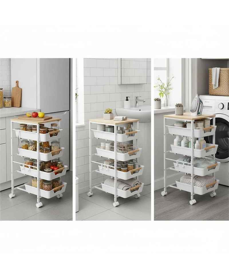 Yigii 5-Tier Slim Rolling Storage Cart Wooden Top Pull-Out Baskets Narrow Space Organizer for Kitchen Bathroom Laundry