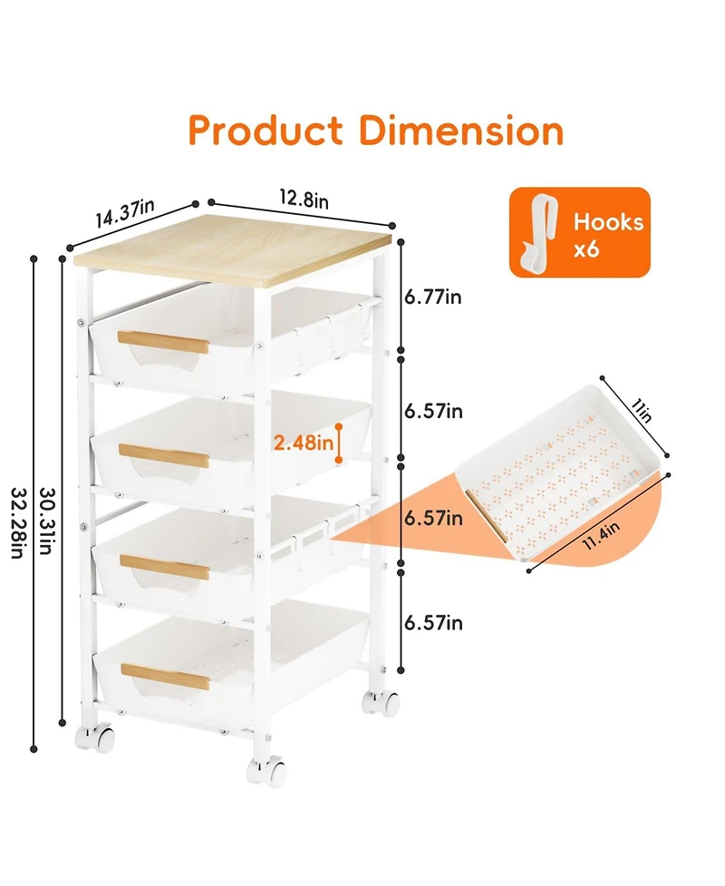 Yigii 5-Tier Slim Rolling Storage Cart Wooden Top Pull-Out Baskets Narrow Space Organizer for Kitchen Bathroom Laundry