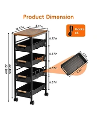 Yigii 5-Tier Slim Rolling Storage Cart Wooden Top Pull-Out Baskets Narrow Space Organizer for Kitchen Bathroom Laundry
