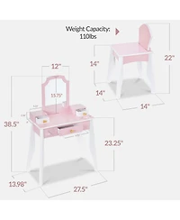 Best Choice Kids Wooden Pretend Play Vanity and Chair Set w/ Mirror - Little Girls Makeup Table with 3 Drawers