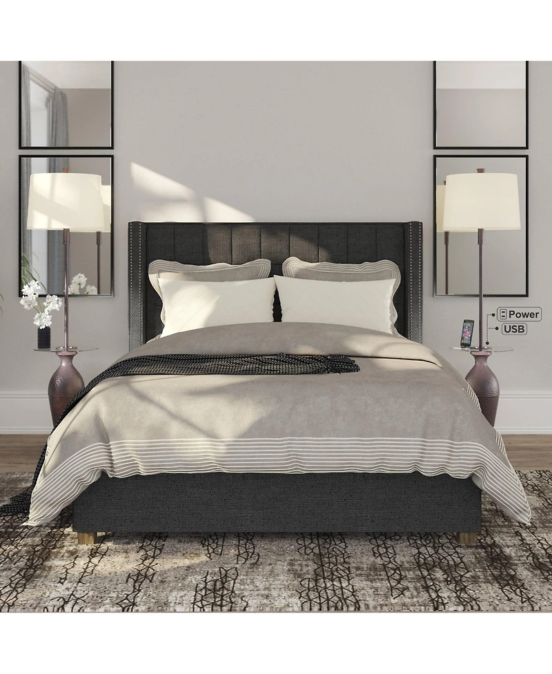 Regency Hill Fallon Rustic Industrial Floor Lamps with Tray Table 66" Tall Set of 2 Bronze Hammered Usb and Outlet Oatmeal Shade