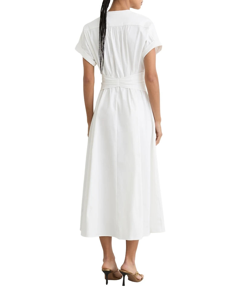 Reiss Women's Sally Cotton Short-Sleeve Belted Midi Dress with Stretch