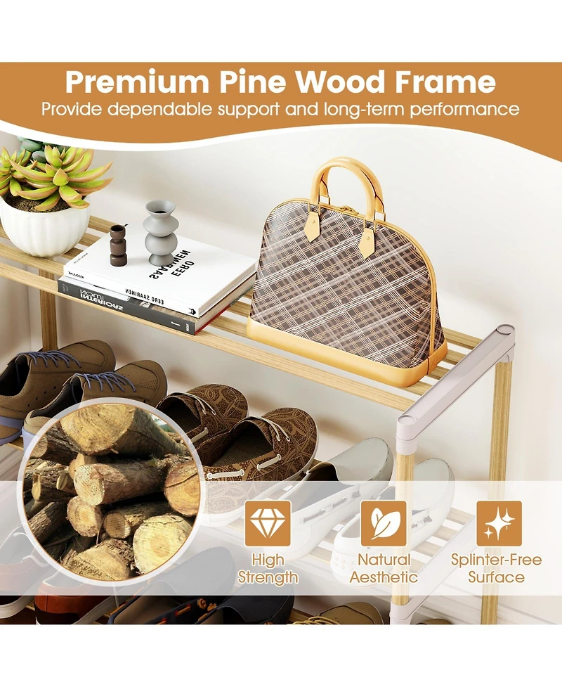 Sugift 3/4-Tier Solid Wood Shoe Rack with Slatted Open Shelves-3-Tier
