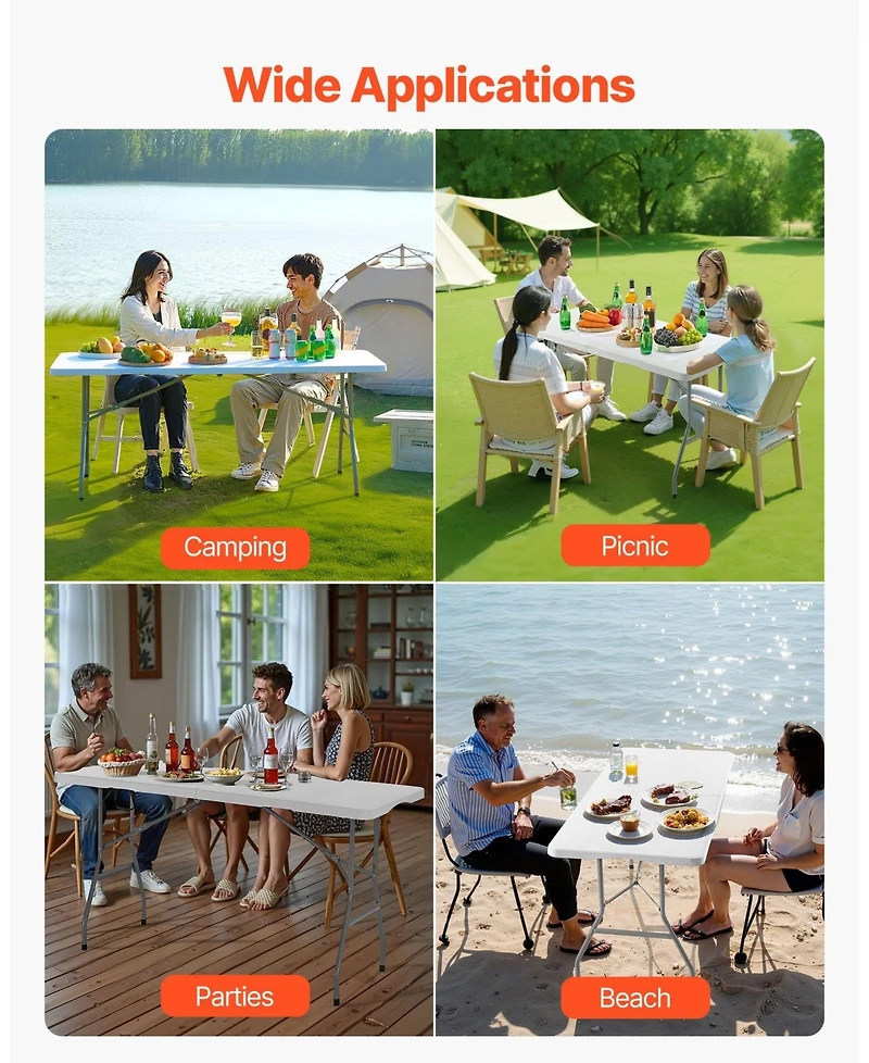 Gouun 6 Feet Folding Utility Table Portable Heavy Duty Indoor Outdoor Table