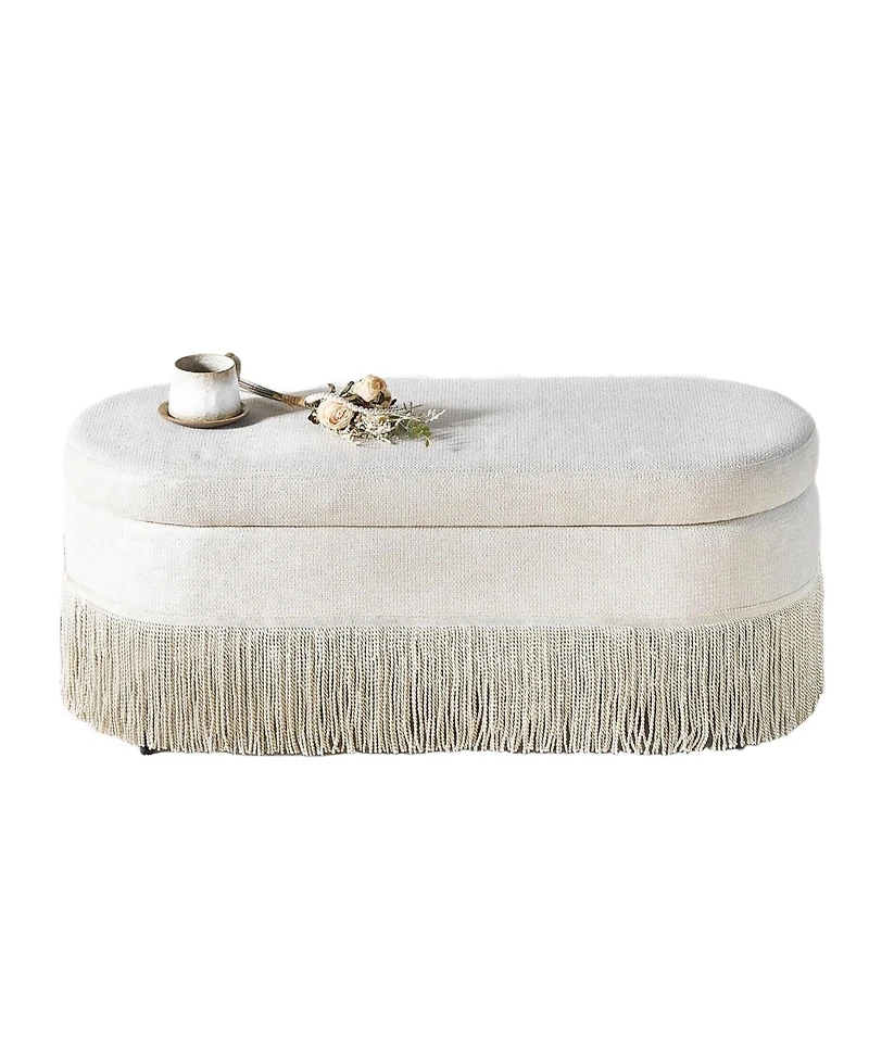 Rainsken Oval Storage Ottoman, Upholstered Footrest with Fringe Trim, Hidden Storage and Metal Frame for Living Room