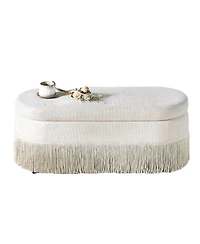 Rainsken Oval Storage Ottoman, Upholstered Footrest with Fringe Trim, Hidden Storage and Metal Frame for Living Room
