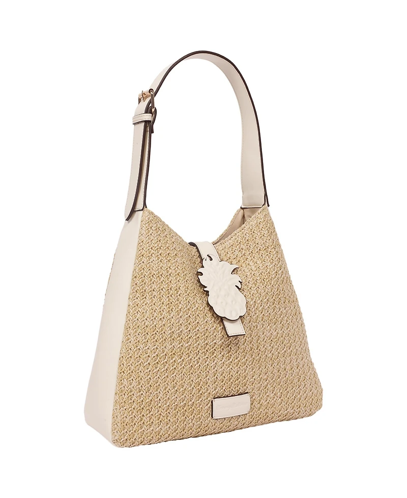 Tommy Bahama Logo Tab Raffia Hobo Bag – Woven Straw Shoulder Bag with Pineapple Accent