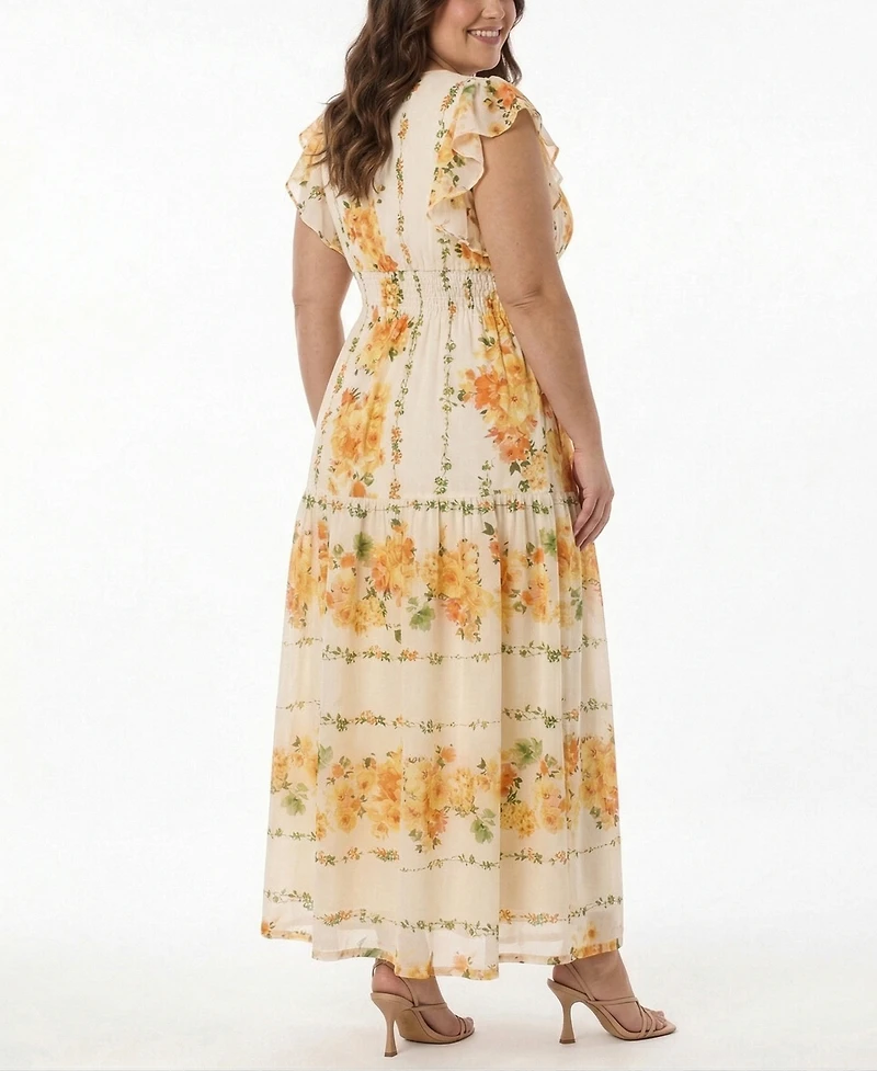 Taylor Plus Floral-Print Flutter-Sleeve Maxi Dress