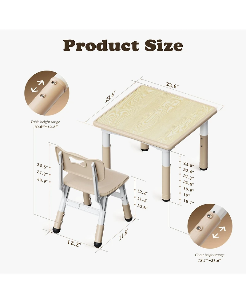 Kinder King Kids Height-Adjustable Table and 2 Chairs Set with 31.5''W Easy-Clean Top
