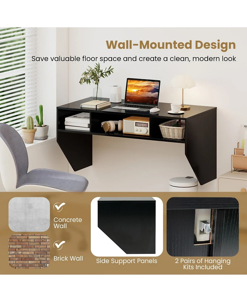 Sugift Wall-Mounted Computer Desk Floating Laptop Desk with 3 Storage Compartments
