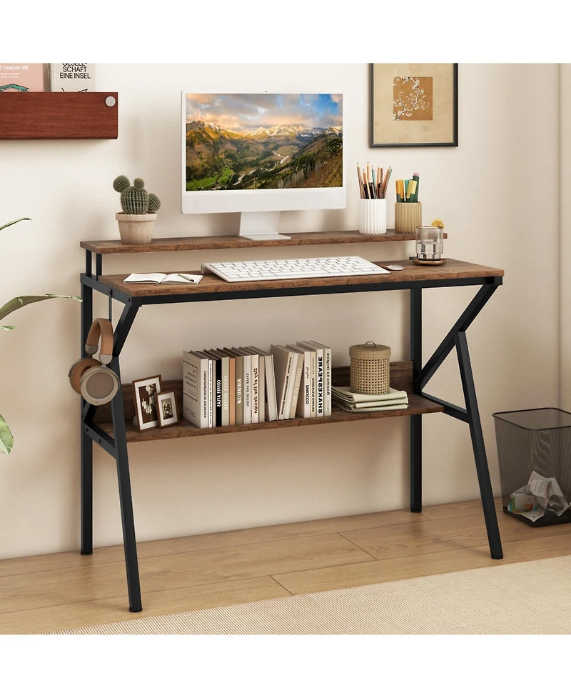Sugift Space Saving Computer Desk with Monitor Stand and Extra Storage Shelf for Work Study-Rustic Brown