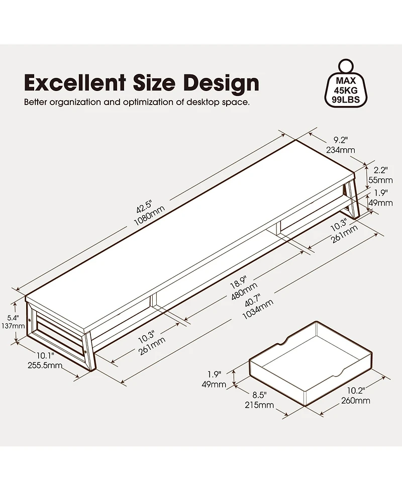 Gnuadz Monitor Stand Riser Drawer 2 Tier Wooden Desk Shelf