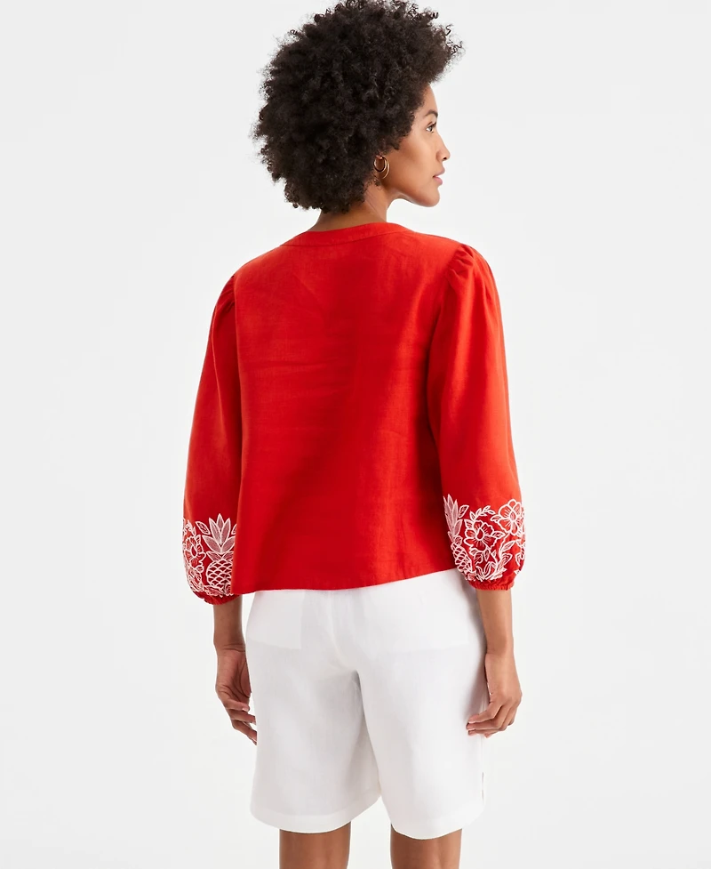 Charter Club Women's Embroidered Blouson-Sleeve 100% Linen Blouse, Macy's Exclusive