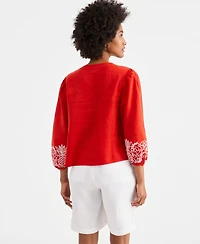Charter Club Women's Embroidered Blouson-Sleeve 100% Linen Blouse, Macy's Exclusive