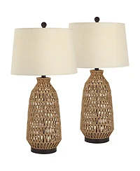 360 Lighting San Carlos 29" Tall Farmhouse Rustic Modern End Table Lamps Set of 2 Rattan Living Room Bedroom