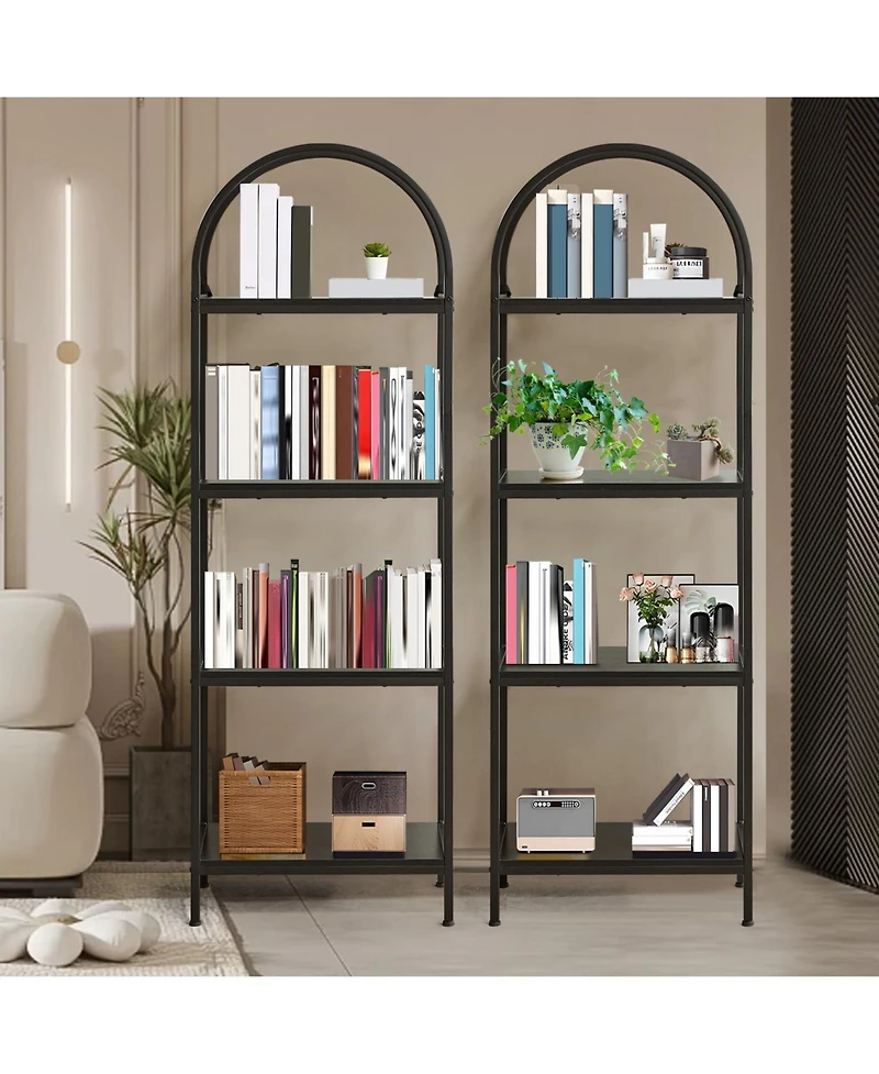 gaomon 4-Tier Modern Arched Bookshelf with Metal Frame, Tall Open Display Storage Rack