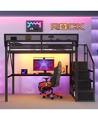 Streamdale Furniture Queen Metal Loft Bed with Desk, Stairs and Charging Station