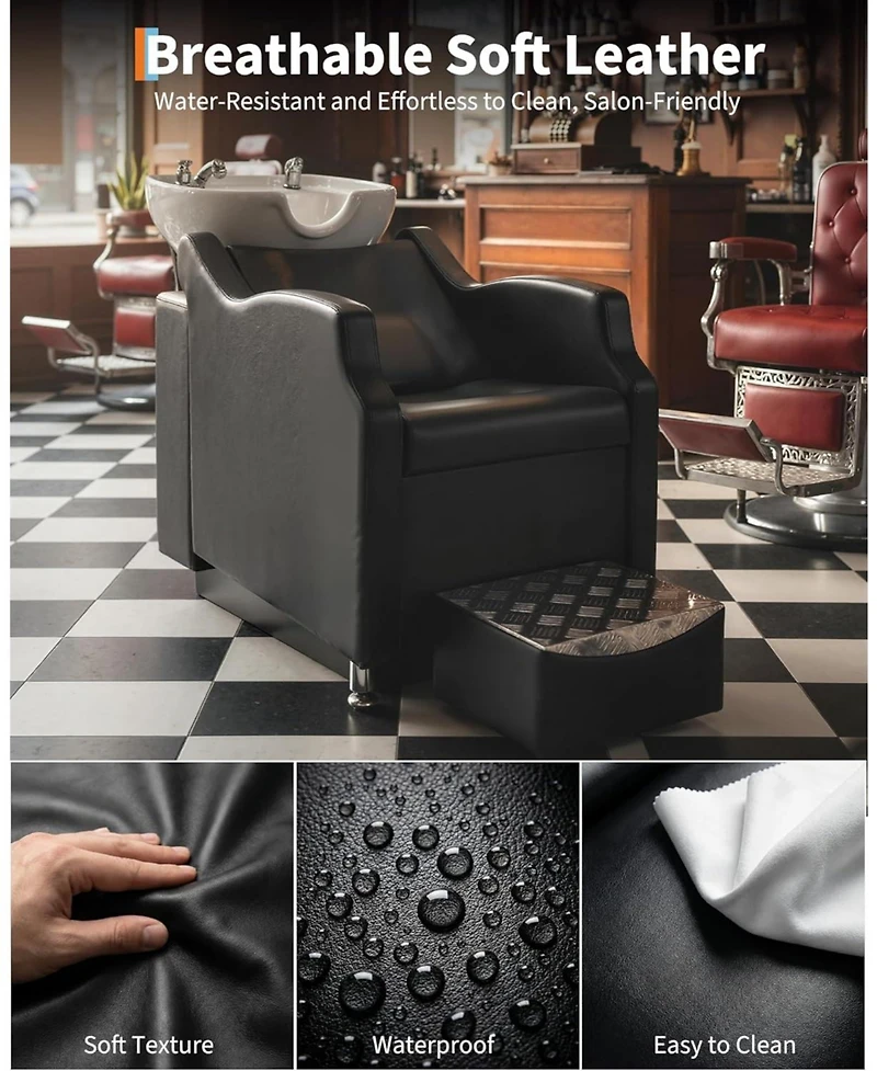 gaomon Shampoo Bowl and Chair Set,Backwash Hair Washing Station with Ceramic Shampoo Bowl Sink and Footrest,Load Weight 450 Lbs,for Barbershop.