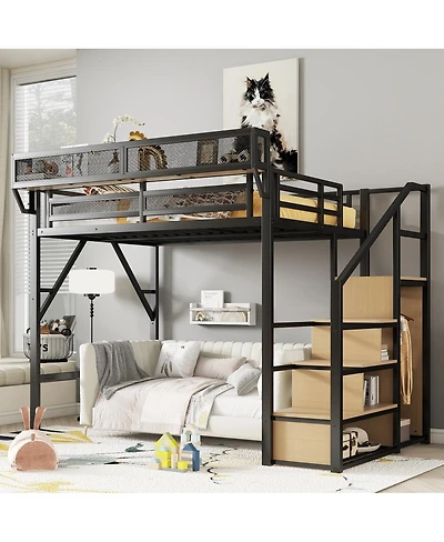 Streamdale Furniture Full Size Loft Bed with Stairs, Metal, Wardrobe