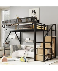 Streamdale Furniture Full Size Loft Bed with Stairs, Metal, Wardrobe