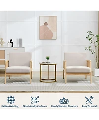 gaomon Wood Accent Armchair with Rattan Backrest and Linen Cushion