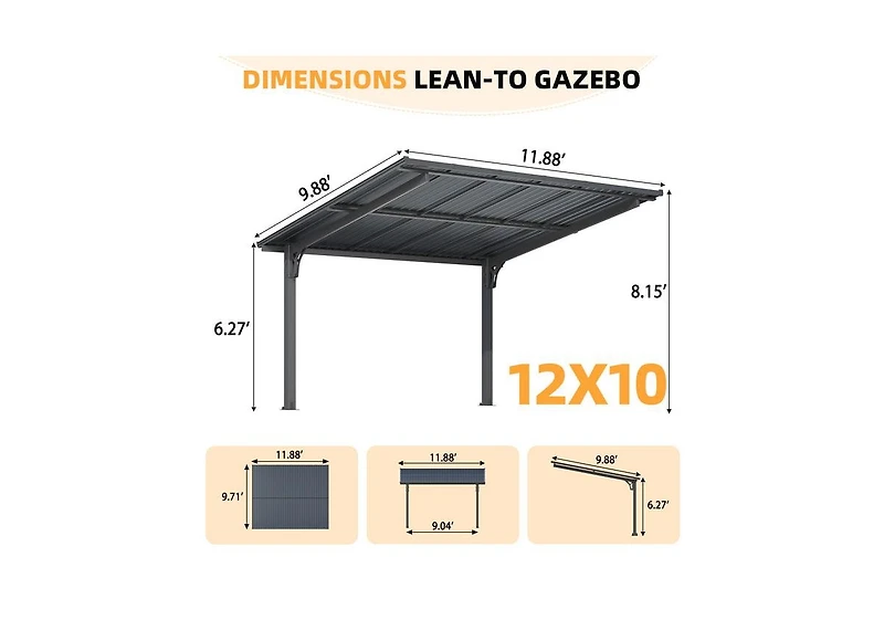 Aecojoy Lean to Hardtop Metal Carport Gazebo, Outdoor Freestanding Pergola Gazebo