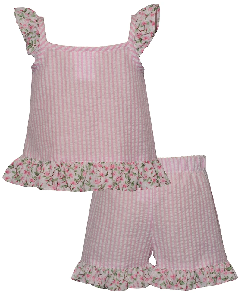 Bonnie Baby Girls' Flamingo Seersucker Flutter Sleeve Top and Shorts, 2-Piece Set