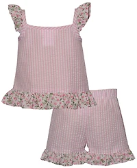 Bonnie Baby Girls' Flamingo Seersucker Flutter Sleeve Top and Shorts, 2-Piece Set