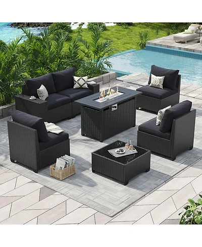 Aoxun 7-Piece Wicker Outdoor Sectional Sofa Set with Black Cushions with 44" Propane Fire Pit Table