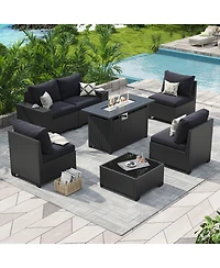 Aoxun 7-Piece Wicker Outdoor Sectional Sofa Set with Black Cushions with 44" Propane Fire Pit Table