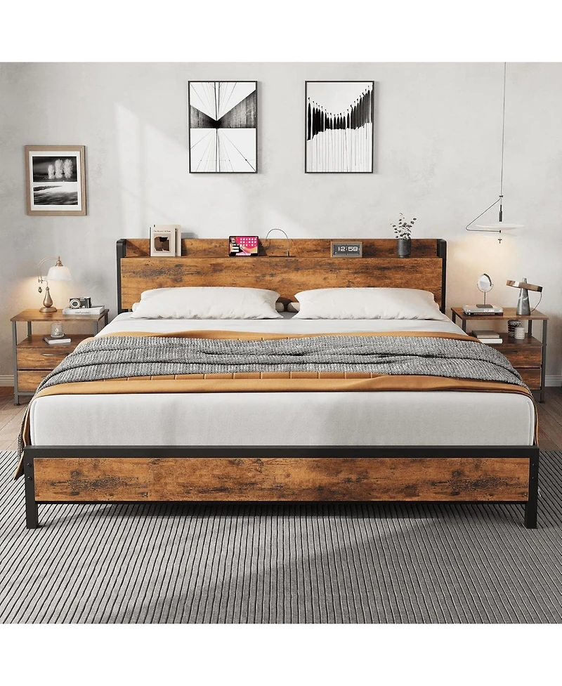 gaomon Metal Bed Frame with Charging Station, Wood Headboard and Footboard, Heavy-Duty Platform