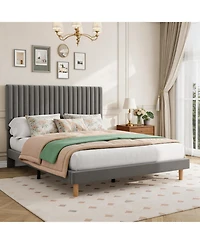 Homfan Velvet Bed Frame, Vertical Channel Tufted Headboard, Height Adjustable