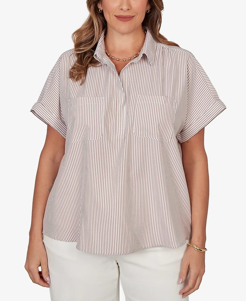 Hearts Of Palm Plus Vertical Stripe Woven Popover Top