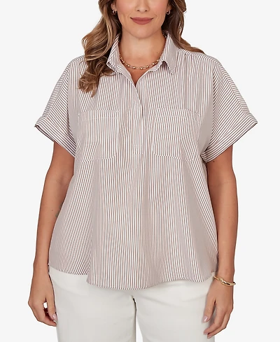 Hearts Of Palm Plus Vertical Stripe Woven Popover Top