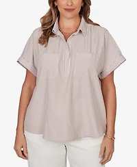 Hearts Of Palm Plus Vertical Stripe Woven Popover Top