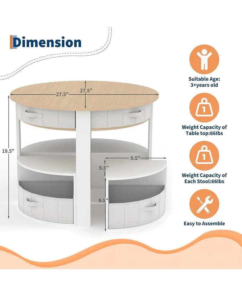 gaomon Kids Table and Chair Set, 5 Pieces Wooden Round Nesting Design Children Multi-Activity Table With 4 Storage Stools and 4 Fabric Drawers
