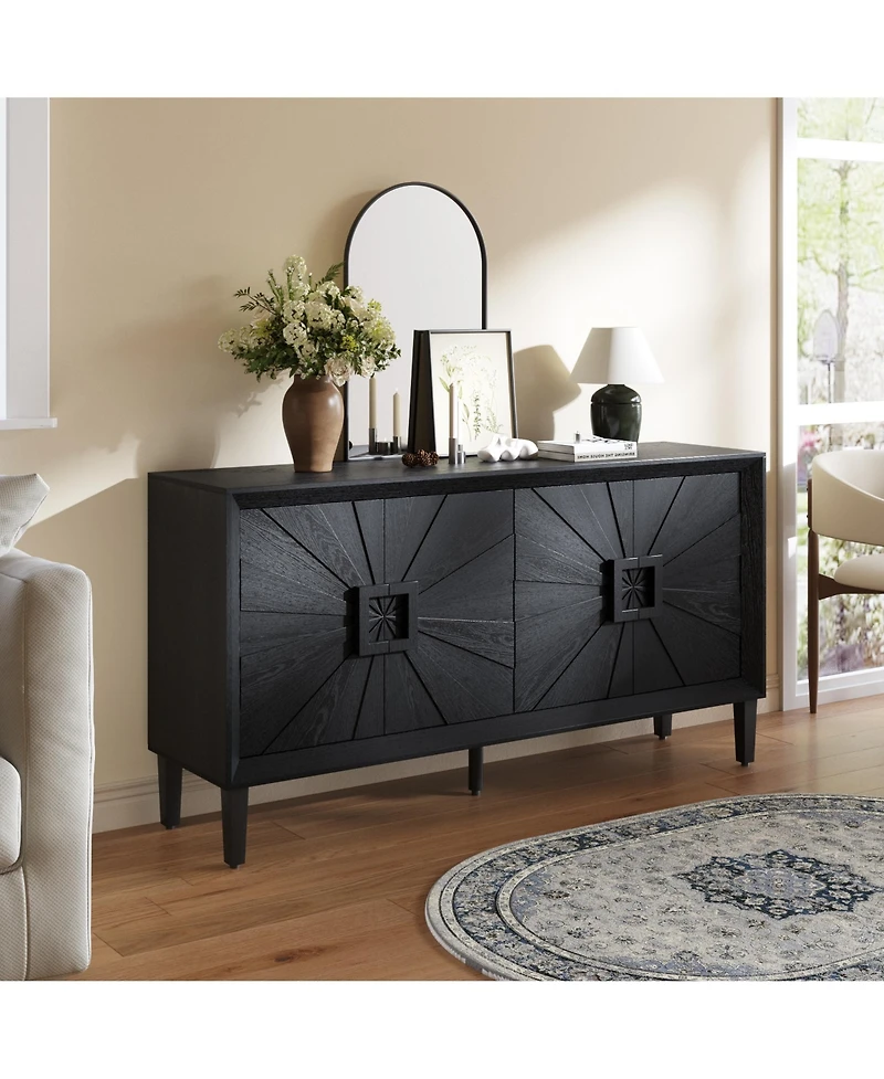Rainsken Wood Storage Cabinet, Farmhouse Buffet Sideboard with Symmetrical Sunburst Door Design and Adjustable Shelves for Living Room