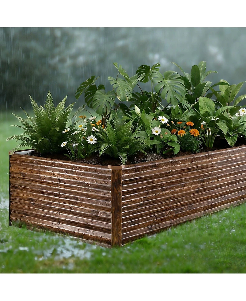 Gouun Galvanized Raised Garden Bed, 8 x 4 x 2 ft Alu-Zinc Metal Planter Box, Deep Wood Grain Finish