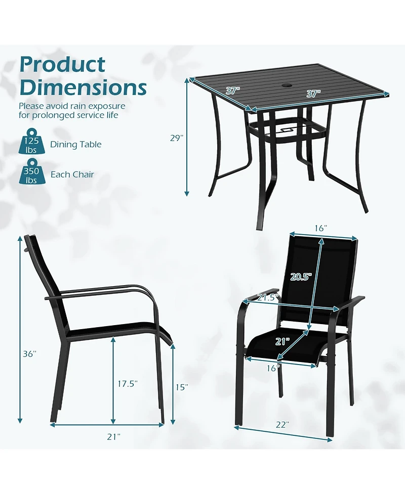 Costway 5 Pcs Patio Furniture Dining Set, Outdoor Square Table and Stackable Chairs with Umbrella Hole