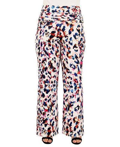24seven Comfort Apparel Plus Essential Curvy Cheetah Print Wide Leg Pants