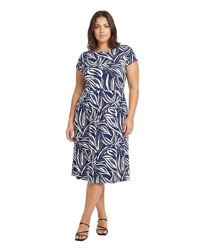 24seven Comfort Apparel Plus Essential Curvy Abstract Print Midi Dress