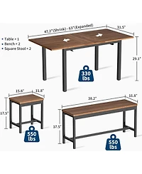 gaomon 5-Piece Dining Table Set for 4-8 People, 63 in Large Extendable Kitchen Table Set with 2 Benches and 2 Square Stools, Easy Assembly, Espresso