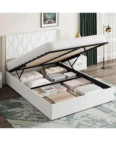 gaomon Full Lift-Up Storage Bed Frame with Tufted Headboard and Gold Trim, Upholstered Platform