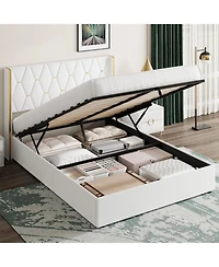 gaomon Full Lift-Up Storage Bed Frame with Tufted Headboard and Gold Trim, Upholstered Platform