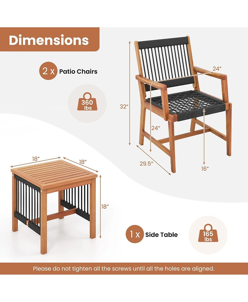 Gymax 3 Pieces Solid Acacia Wood Patio Set All-Weather Rope Woven Chair Garden Poolside